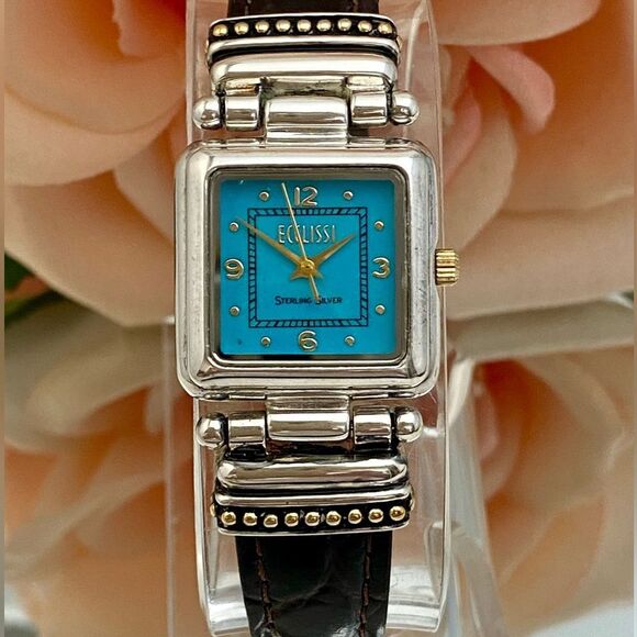Vintage Ecclissi Sterling Silver Watch with Turquoise Dial and Gold-tone Accents - Picture 1 of 15